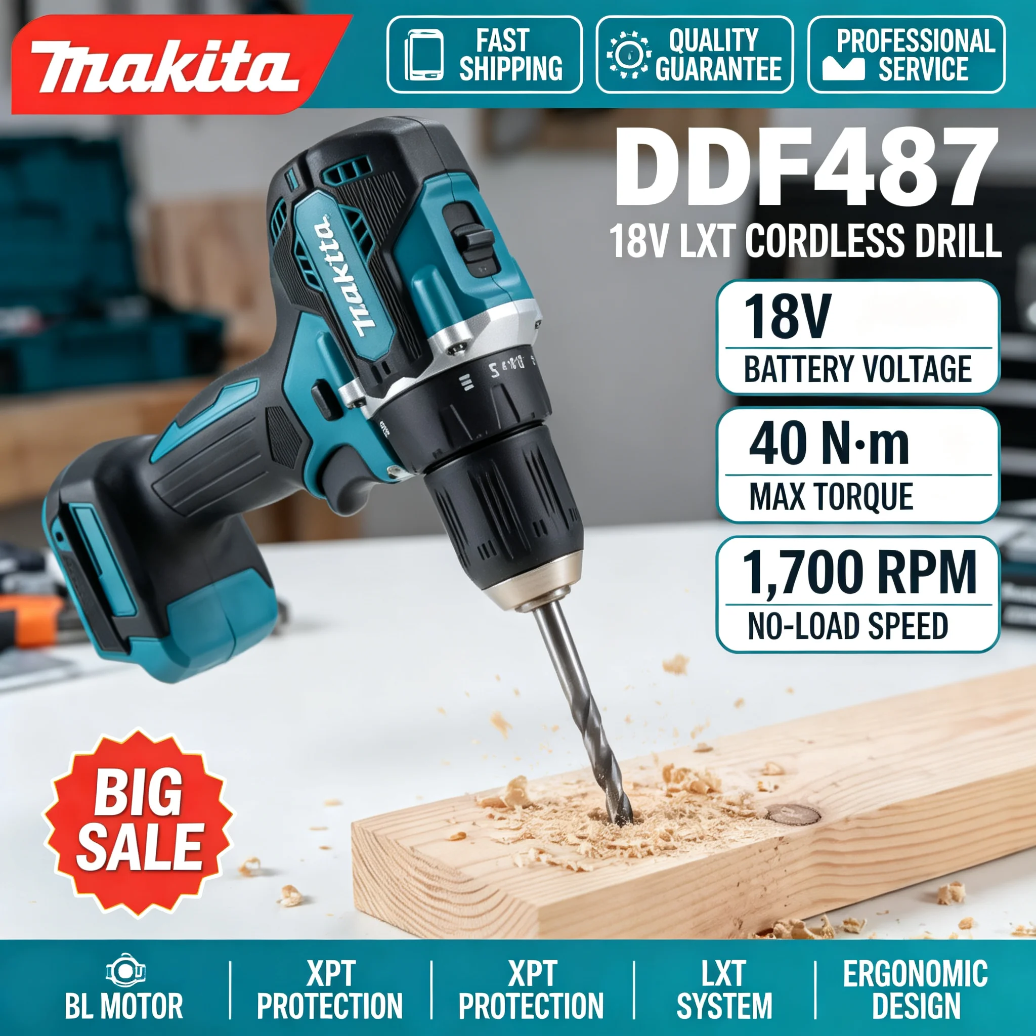 Brushless Cordless Electric Drill 18V - Makita DDF487 18V Cordless Brushless Drill